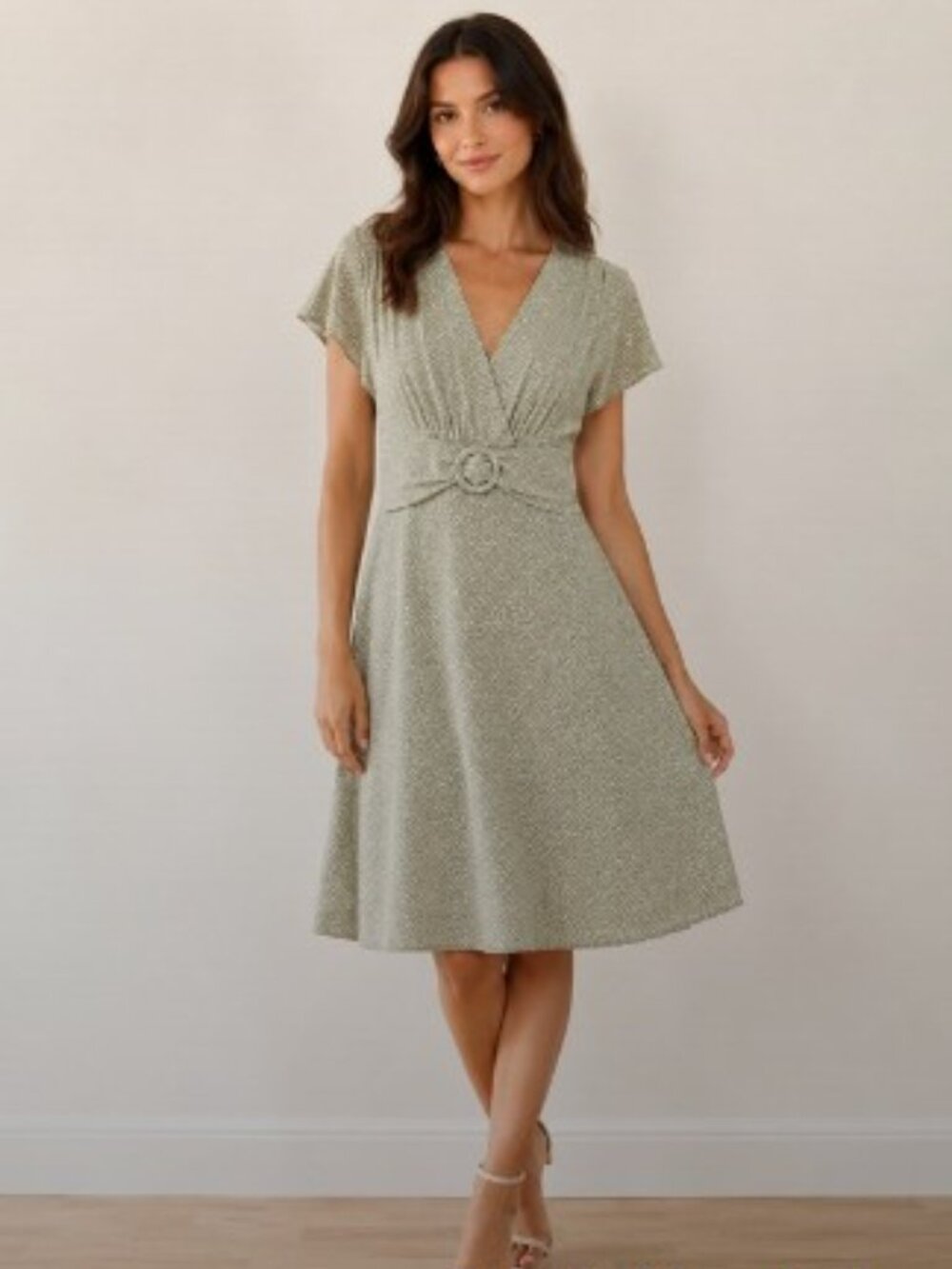 Coldwater Creek Sage Green Polka Dot Fit & Flare Midi Dress | Size 10 EUC